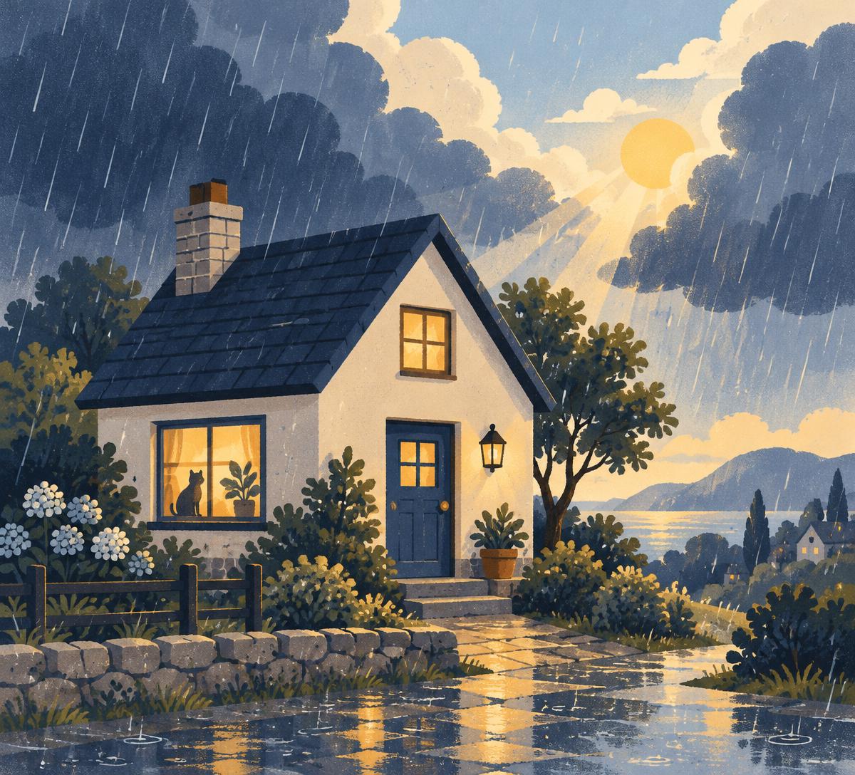 Illustration of a cozy house with glowing windows, rain falling outside while the sun breaks through the clouds